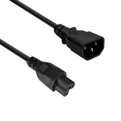 Side view of the 2-metre power cord, clearly showing the IEC-C5 "Cloverleaf" connector and the IEC-C14 plug.