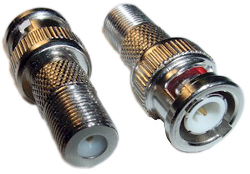 A detailed close-up side view of the BNC male to F-Type female adaptor, showing both connector ends.