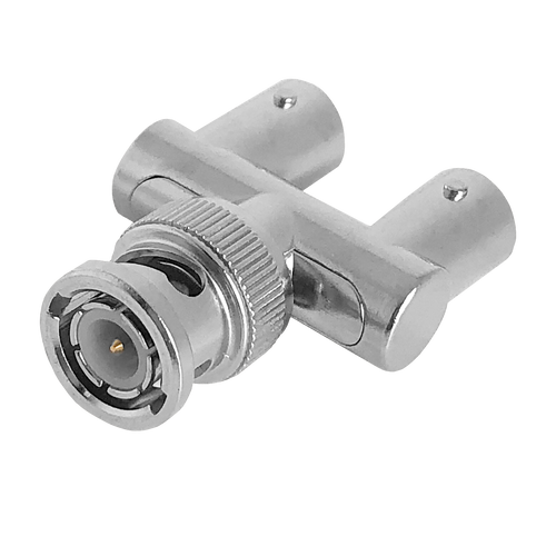 A detailed close-up side view of the BNC Y-Splitter, showing the single male plug and two female sockets.