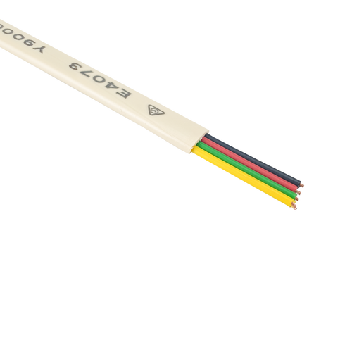 A close-up cross-section of the ivory 4-core flat telephone cable, showing the four internal stranded conductors.