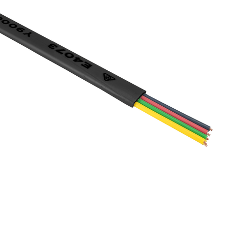 A close-up cross-section of the black 4-core flat telephone cable, showing the four internal stranded conductors.