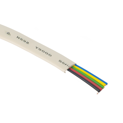 A close-up cross-section of the ivory 6-core flat multi-purpose cable, showing the six internal stranded conductors.