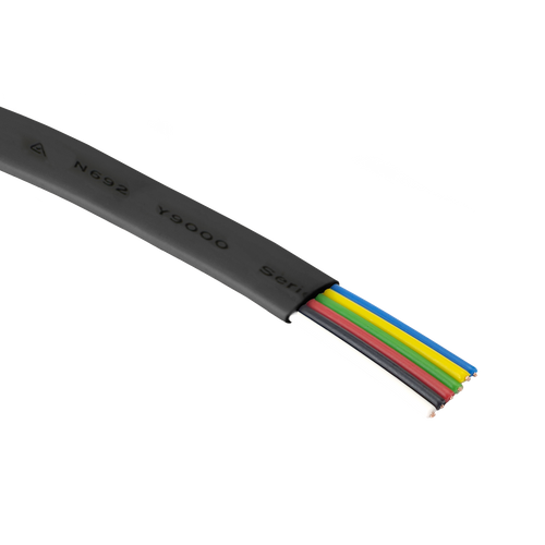 A close-up cross-section of the black 6-core flat multi-purpose cable, showing the six internal stranded conductors.