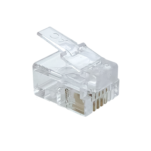 A side profile of the top of the transparent RJ12 6P4C modular plug.