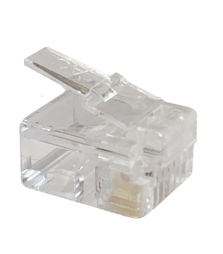 Close-up of an RJ12 6P6C round stranded modular plug.