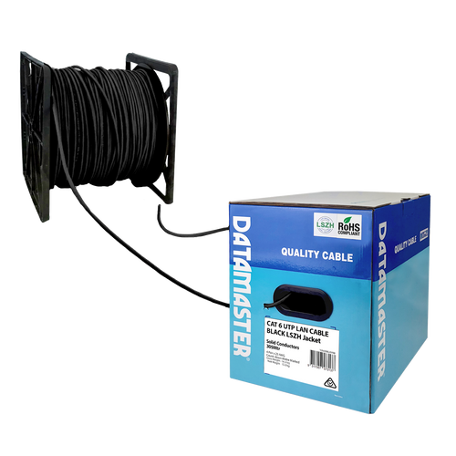The Datamaster® Reel-in-Box with the Black Cat6 solid UTP cable being dispensed smoothly from the packaging.