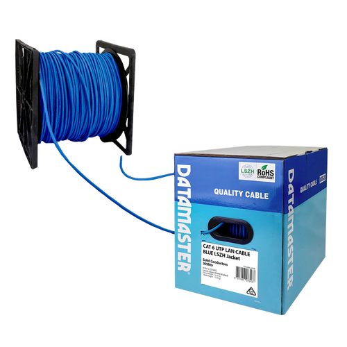 The Datamaster® Reel-in-Box with the Blue Cat6 solid UTP cable being dispensed smoothly from the packaging.
