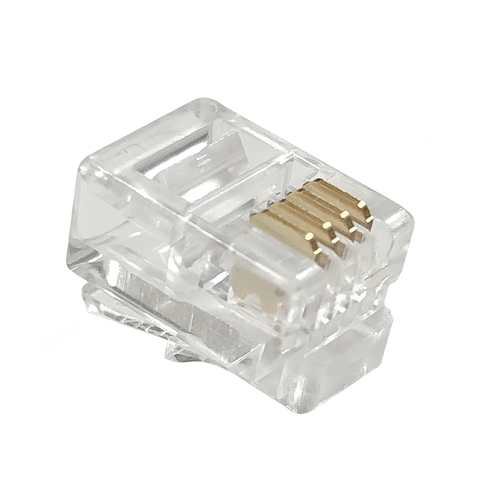 A close-up underside view of the transparent RJ11 4P4C modular plug, highlighting the gold-plated contacts.