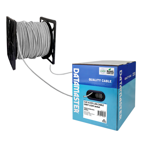 The Datamaster® Reel-in-Box with the Grey Cat6 solid UTP cable being dispensed smoothly from the packaging.