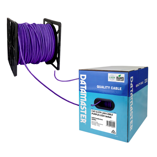 The Datamaster® Reel-in-Box with the Purple Cat6 solid UTP cable being dispensed smoothly from the packaging.
