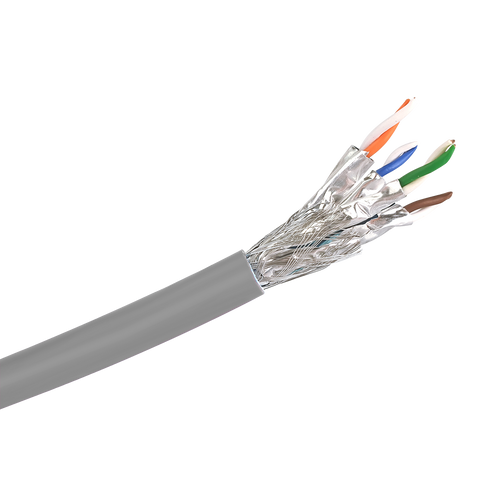 A side view close-up showing the premium construction of the Cat6a S/FTP cable, with its overall braid, foil-wrapped pairs, and grey LSZH jacket.
