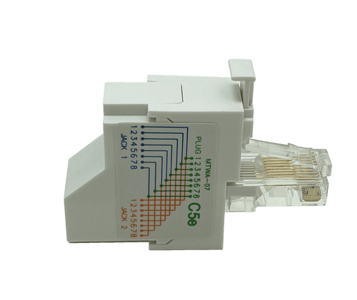 A side view of the white, vertical Cat5e Voice/Voice Y-Splitter, designed for high-density patch panels.