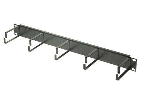 A side profile view of the 1RU cable management panel, showing the mounting screw holes and the cable routing hooks.