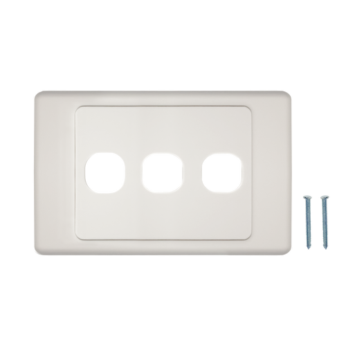 A top-down view of the 3-port Australian flush wall plate, showing the three cutouts and mounting screws.