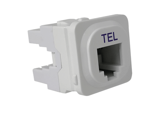 A side profile view of the white 6P4C voice-grade IDC keystone jack.