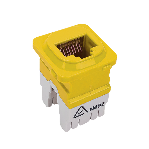 A side profile view of the yellow 8P4C voice-grade IDC keystone jack.