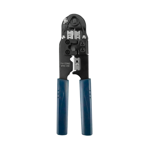 A direct front-on view of the heavy-duty metal RJ45 crimp tool.