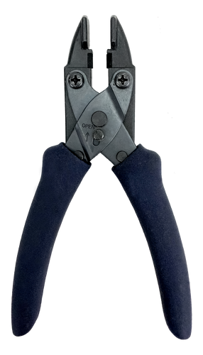 A front-on view of the open Gel Connector Crimp Tool, showing the custom-shaped jaws.