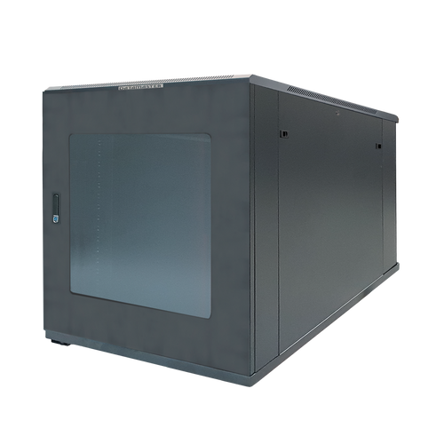 Front and side view of the 9RU swing frame cabinet fully closed and secured.