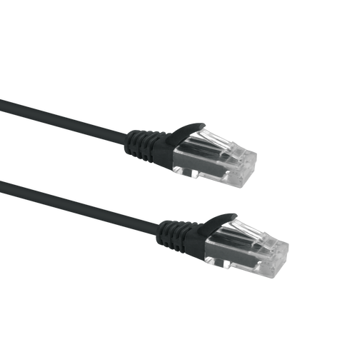 Profile view of the snagless boot on a 0.25m Black Datamaster slim Cat6 patch cable, highlighting its ultra-thin design.