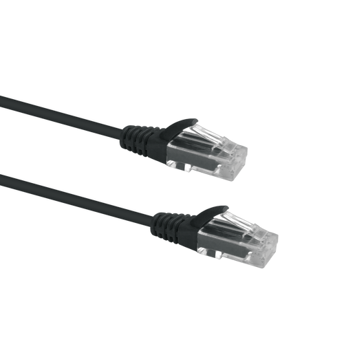 Profile view of the snagless boot on a 5m Black Datamaster slim Cat6 patch cable, highlighting its ultra-thin design.