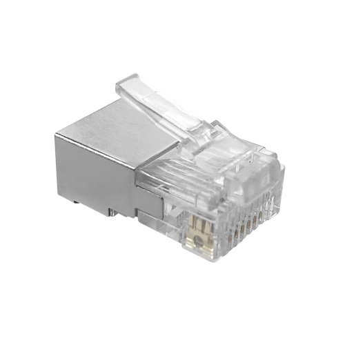 A top-down view of the half-shielded RJ45 modular plug, showing the locking tab mechanism.