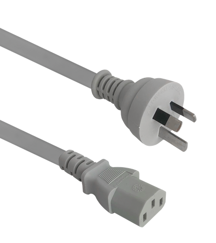 Side angled view of the 2-metre ash grey power cord, showing the IEC-C13 connector and the Australian 3-pin plug.