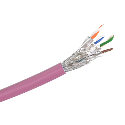 A side view close-up showing the premium construction of the Cat6a S/FTP cable, with its overall braid, foil-wrapped pairs, and pink LSZH jacket.