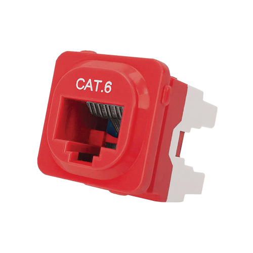 A side profile of the red Cat6 IDC data jack showing the RJ45 socket.