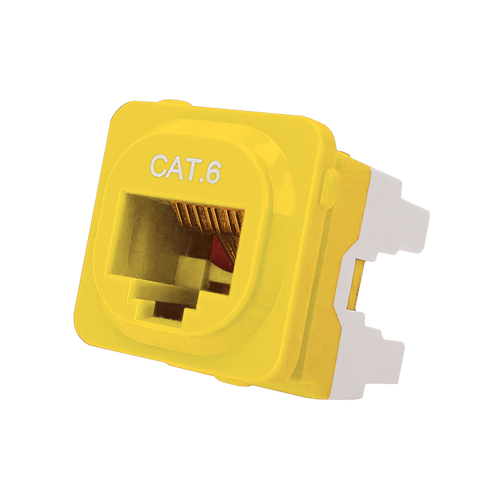 A side profile of the yellow Cat6 IDC data jack showing the RJ45 socket.