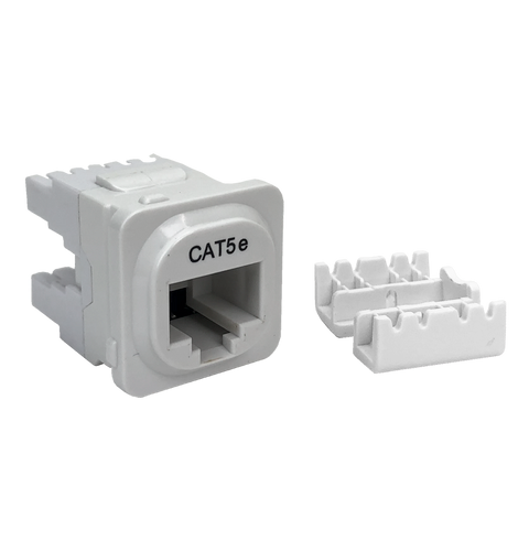 A side profile of the white Cat5e IDC data jack, showing the termination block cover.