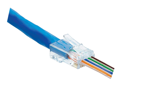 An image demonstrating the pass-through design, with the individual Ethernet cable wires extending through the front of the RJ45 plug.