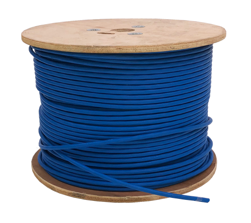 The 305m wooden reel of blue Datamaster® Cat6a U/UTP Solid LSZH network cable, ready for installation.