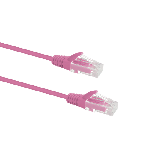 Profile view of the snagless boot on a 2m Pink Datamaster slim Cat6 patch cable, highlighting its ultra-thin design.
