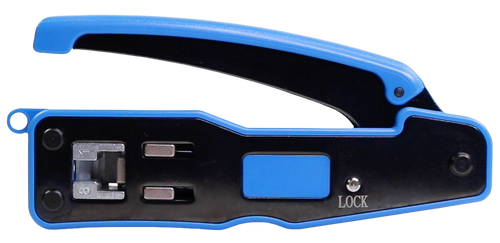 A front view of the Quick-Term crimp tool in its closed, locked position.