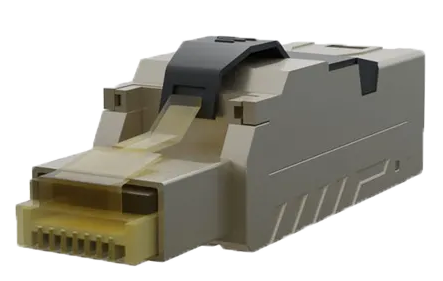 A front view of the robust, shielded tool-less Cat6a RJ45 field termination plug.