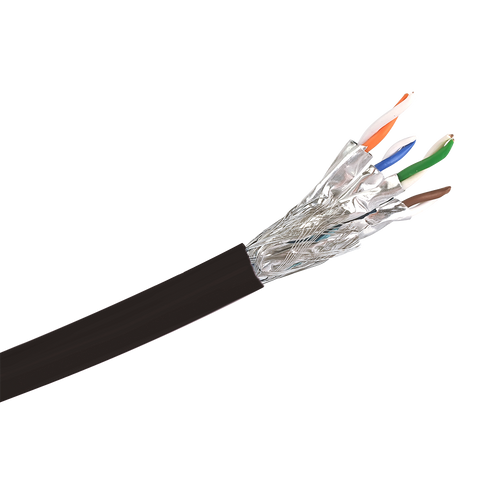 A side view close-up showing the premium construction of the Cat6a S/FTP cable, with its overall braid, foil-wrapped pairs, and black LSZH jacket.