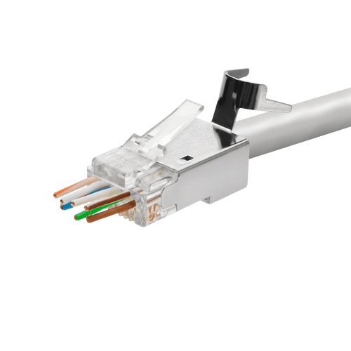 An image showing the Quick-Term Cat6a plug with a cable's wires passing through the load bar for easy verification.