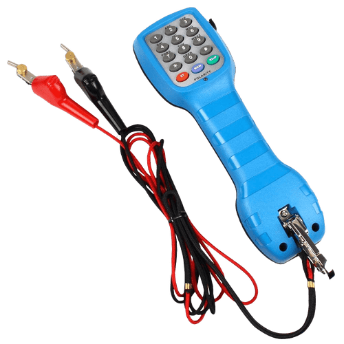 A side profile of the blue lineman's test phone with its connection cords.