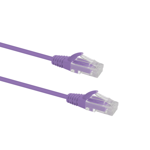 Profile view of the snagless boot on a 2m Purple Datamaster slim Cat6 patch cable, highlighting its ultra-thin design.