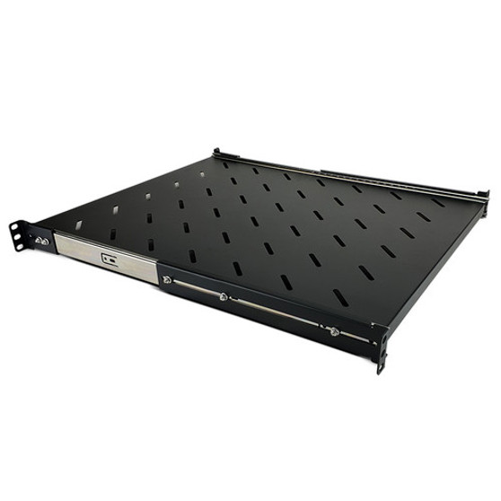 An 800mm deep vented sliding shelf shown in the fully closed position inside a server rack. An 800mm deep vented sliding shelf shown in the fully closed position inside a server rack.