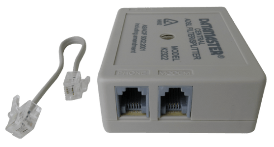 Front view of the ADSL central splitter, showing its sealed casing and cable entry points. Front view of the ADSL central splitter, showing its sealed casing and cable entry points.