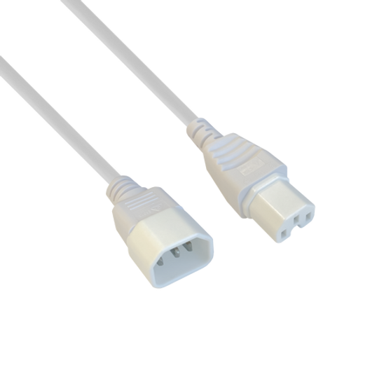 Side-angled view of the 1.5m white power cord showing the IEC-C14 male plug and the high-temperature IEC-C15 female connector. Side-angled view of the 1.5m white power cord showing the IEC-C14 male plug and the high-temperature IEC-C15 female connector.