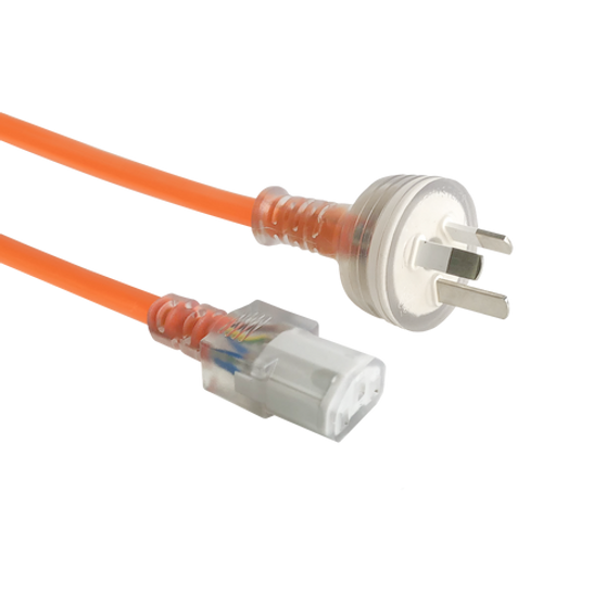 Side angled view of the 2-metre orange medical-grade power cord, showing the transparent IEC-C13 and Australian mains plug ends. Side angled view of the 2-metre orange medical-grade power cord, showing the transparent IEC-C13 and Australian mains plug ends.