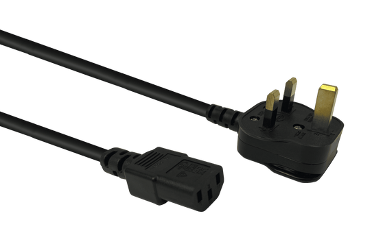 Side angled view of the 2-metre power cord, showing the IEC-C13 computer connector and the 3-pin United Kingdom (UK) mains plug. Side angled view of the 2-metre power cord, showing the IEC-C13 computer connector and the 3-pin United Kingdom (UK) mains plug.
