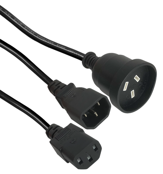 A view of the versatile IEC Y-cord, clearly showing the C14 input plug and the two output ends: a C13 socket and an Australian mains socket. A view of the versatile IEC Y-cord, clearly showing the C14 input plug and the two output ends: a C13 socket and an Australian mains socket.