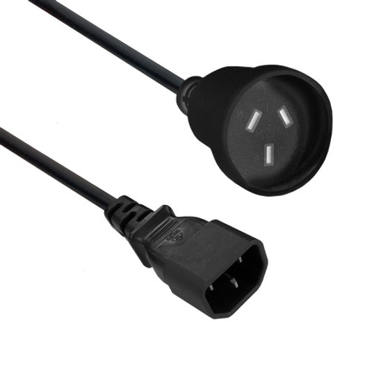 Side angled view of the 300mm adaptor cord, clearly showing the IEC-C14 plug and the Australian 3-pin socket. Side angled view of the 300mm adaptor cord, clearly showing the IEC-C14 plug and the Australian 3-pin socket.
