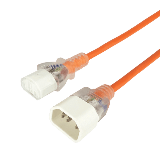 Side angled view of the 3-metre orange medical-grade power jumper cord, showing the transparent IEC-C13 and IEC-C14 ends.