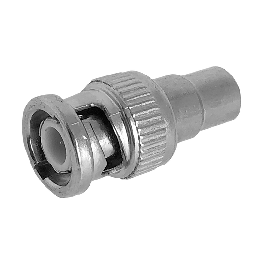 A detailed close-up side view of the BNC male to RCA female adaptor.