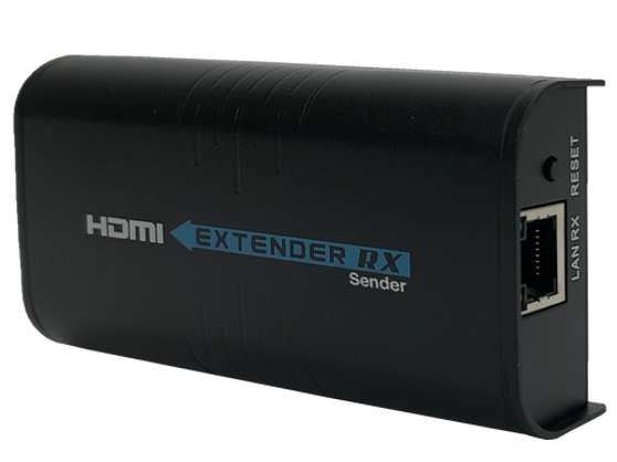 Upright side view of the HDMI extender unit, showing the LAN port and reset button. Upright side view of the HDMI extender unit, showing the LAN port and reset button.